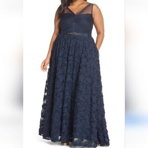 MOB/MOG- Adrianna Papell Navy Blue Mesh Floral Petal Applique Gown Formal
